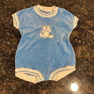 Vintage Doe Spun Onesie Velour infant Baby Boy Teddy Bear 3 months Blue